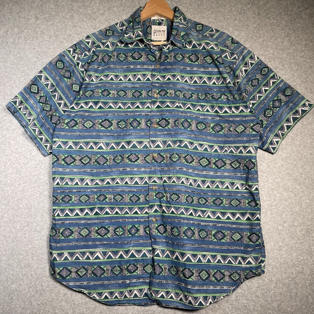 VTG 90s Arrow River Shirt M USA Aztec Geometric Retro‎ Blue Green Cotton Loud